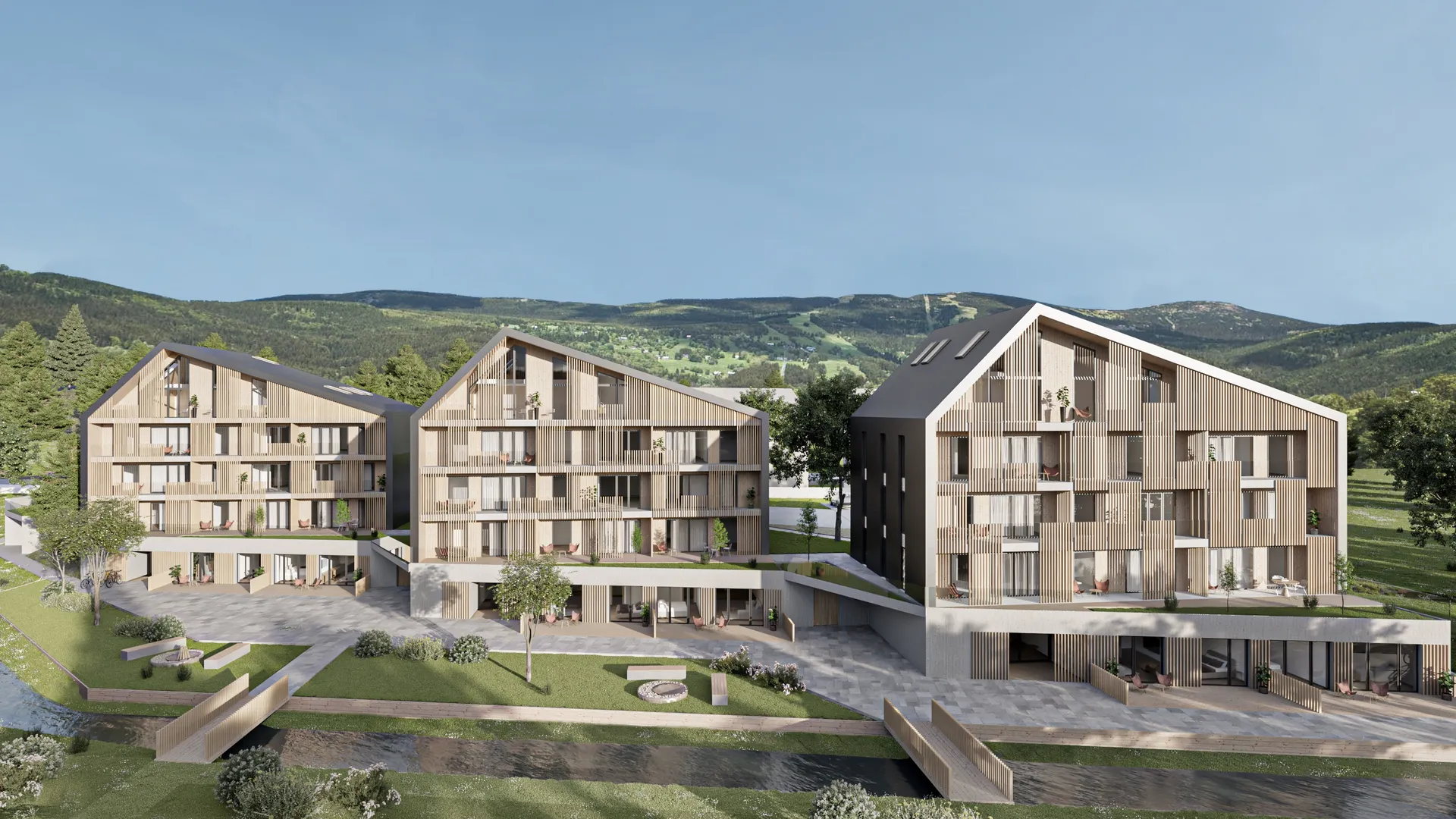 Vizualizace apartmánových domů Rokytná resort v zimě